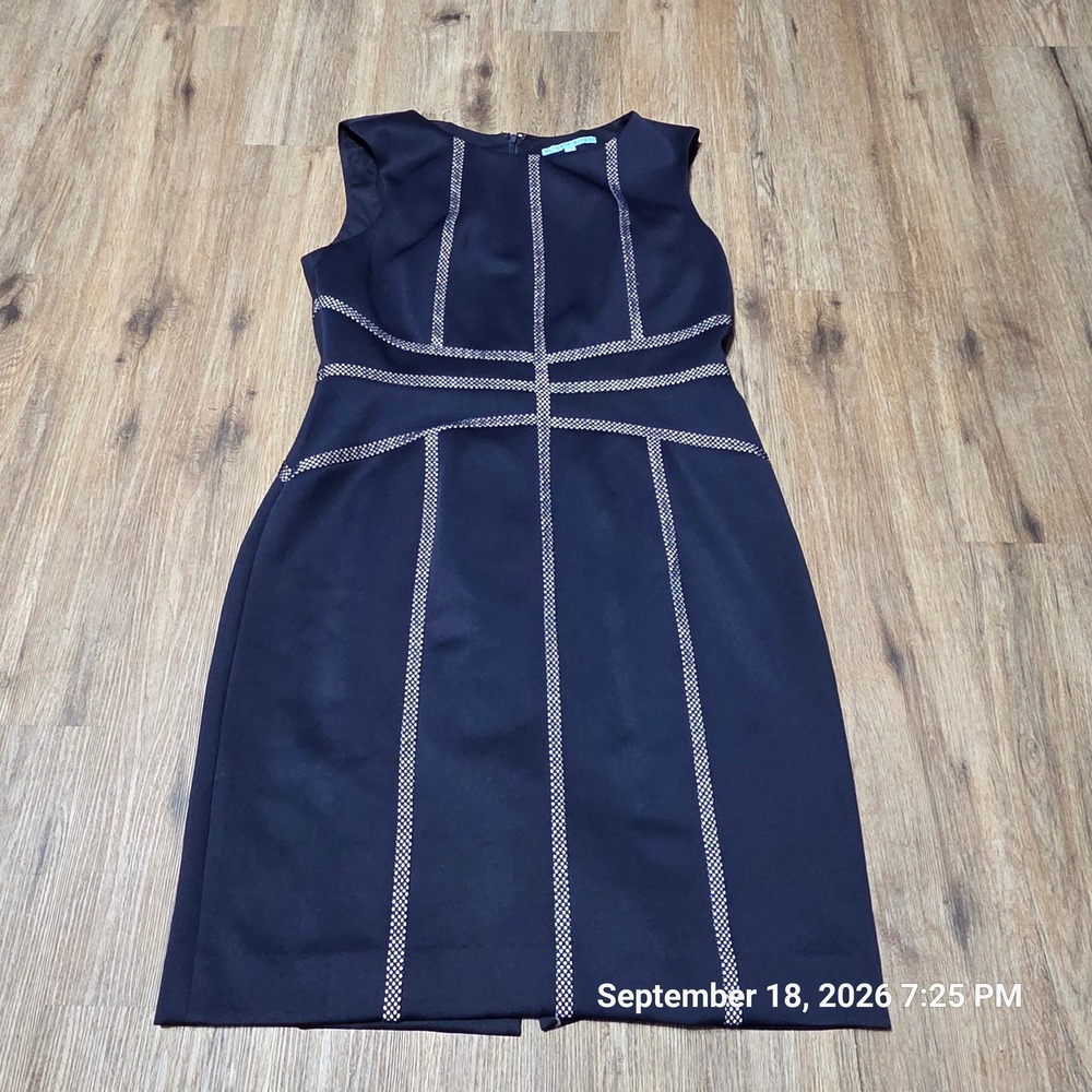 Antonio Melani Navy Blue Geometric Lattice Sheath Dress Size 12 Sleeveless Navy